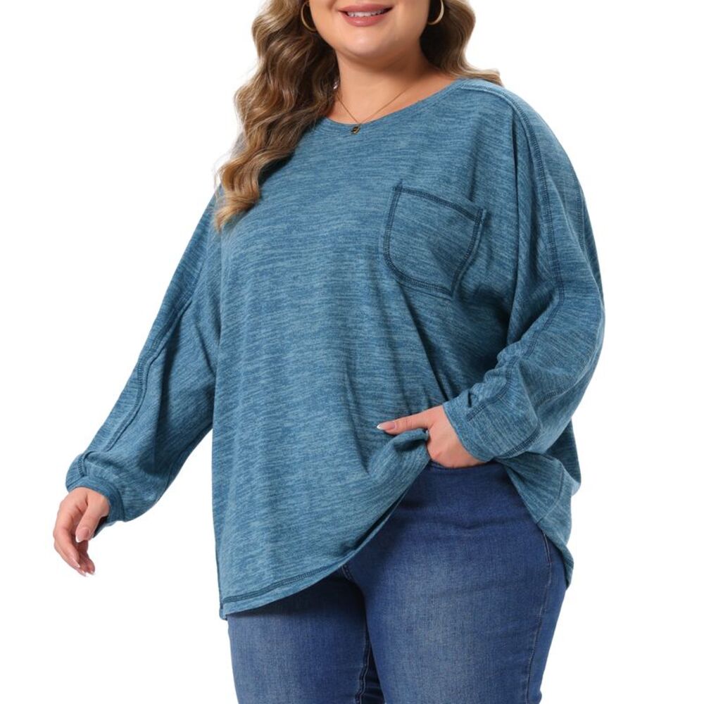 Women Plus Size Crewneck Loose Fit Fall Pullover Tops Gray Blue